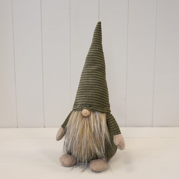 Green fabric Santa gonk with tall pointed hat and long beard