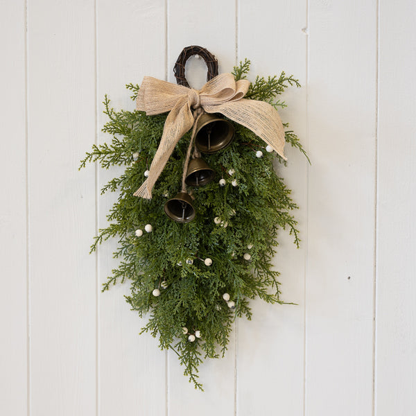 Teardrop Swag with White Berries and Bells and Bow Detail