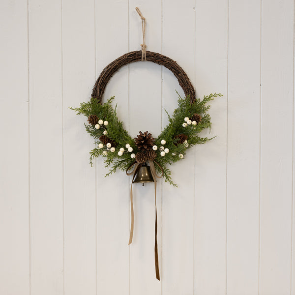 Twig Wreath With white Berry, Pinecones with Bells and Bow Detail Large