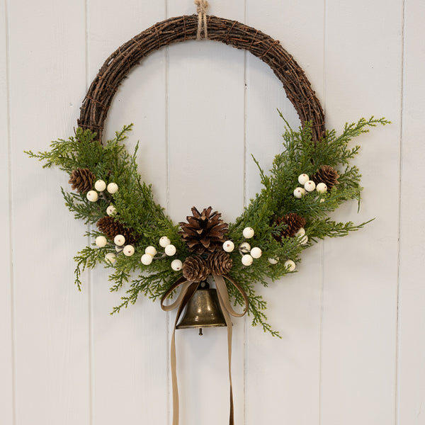 Twig Wreath With white Berry, Pinecones with Bells and Bow Detail Large