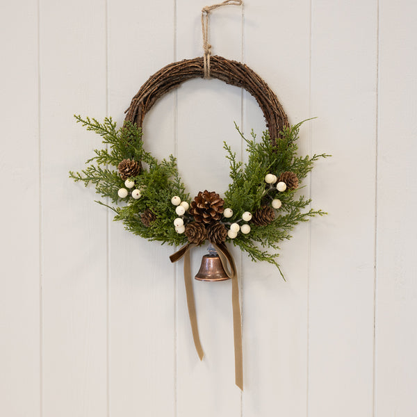 Twig Wreath With white Berry, Pinecones with Bells and Bow Detail Medium