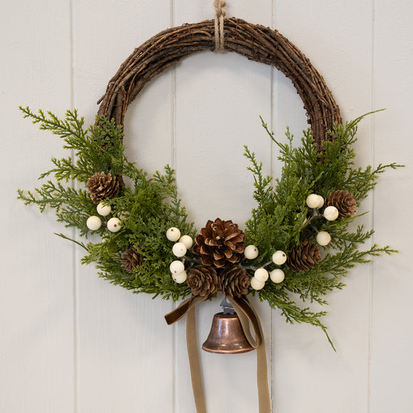 Twig Wreath With white Berry, Pinecones with Bells and Bow Detail Medium