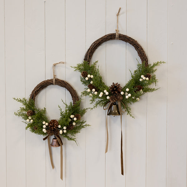 Twig Wreath With white Berry, Pinecones with Bells and Bow Detail Medium