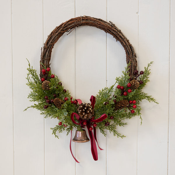 Twig Wreath With Red Berry, Pinecones with Bells and Bow Detail Large