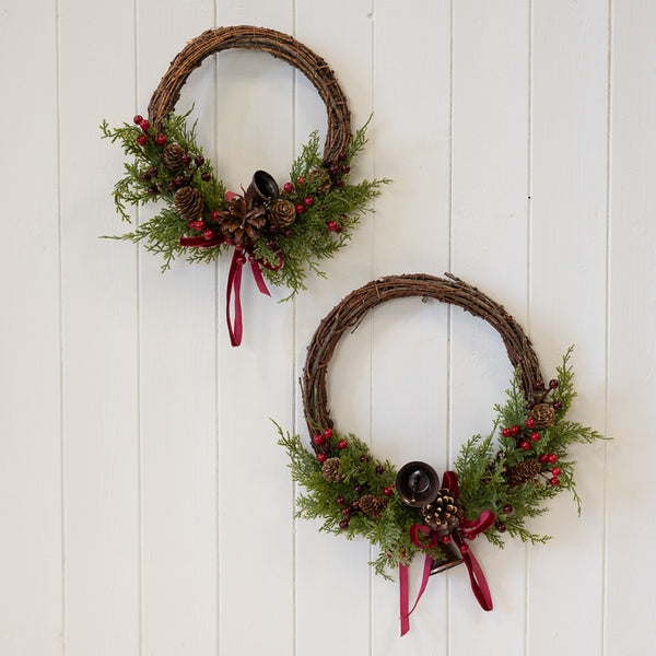 Twig Wreath With Red Berry, Pinecones with Bells and Bow Detail Large