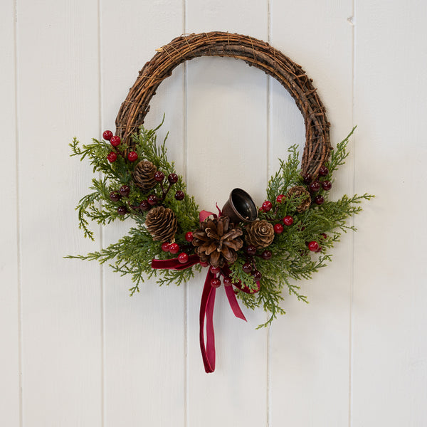 Twig Wreath With Red Berry, Pinecones with Bells and Bow Detail Medium