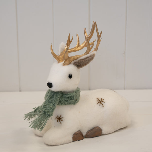 Sage and white felt lying deer ornament with scarf and antlers