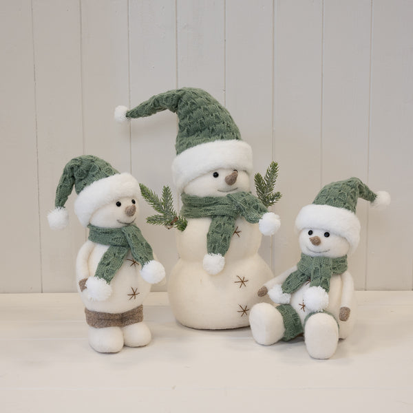 Felt Sage and White Sitting Snowman
