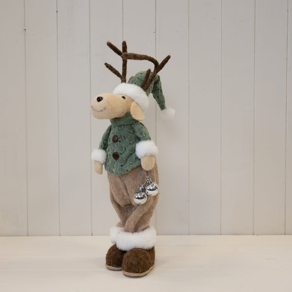 Standing male felt elk ornament in sage and neutral winter clothing