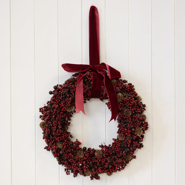 Luxury Wreath Burgundy Berry with Mini Pinecone and Velvet Ribbon Bow Large