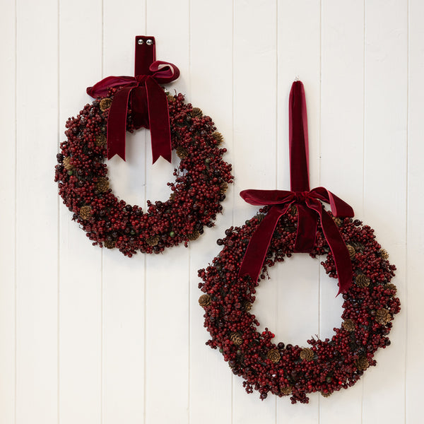 Luxury Wreath Burgundy Berry with Mini Pinecone and Velvet Ribbon Bow Large