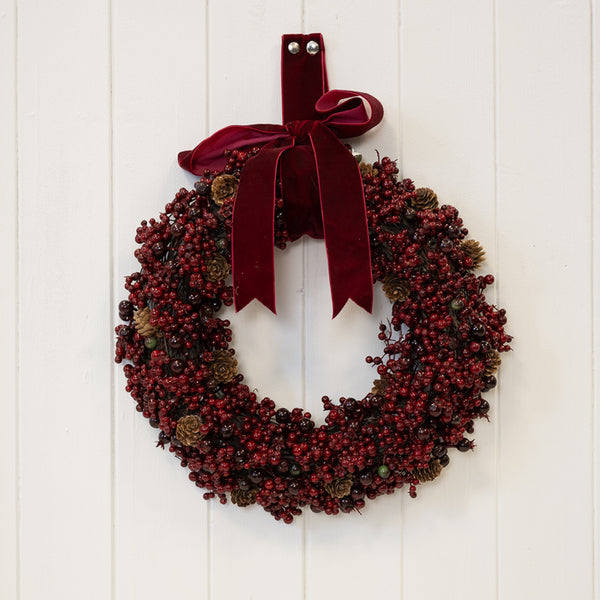 Luxury Wreath Burgundy Berry with Mini Pinecone and Velvet Ribbon Bow Medium
