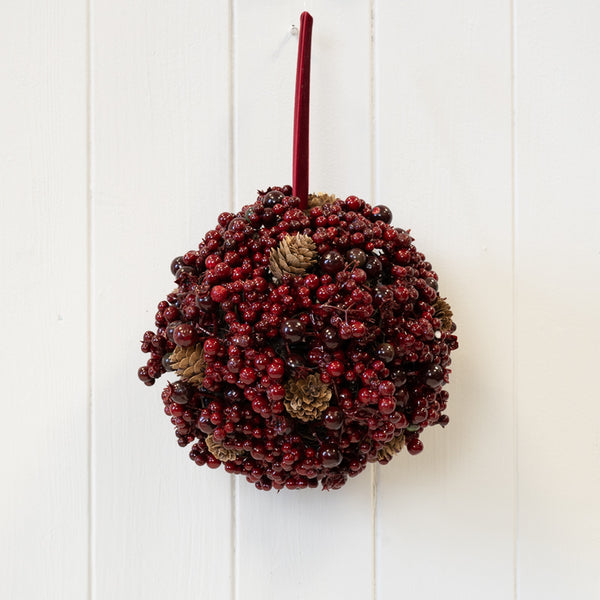 Luxury Hanging Ball Burgundy Berry with Mini Pinecone