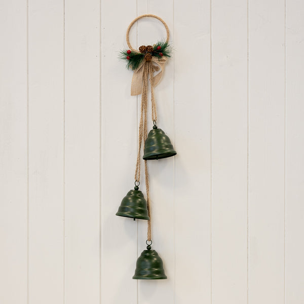 Hanging trio of green bells on a natural hoop with festive foliage