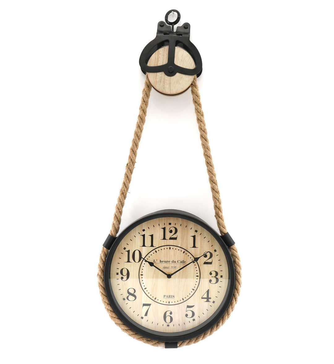 Industrial Hanging Rope Round Black Metal Clock - Smiddy Furniture-1