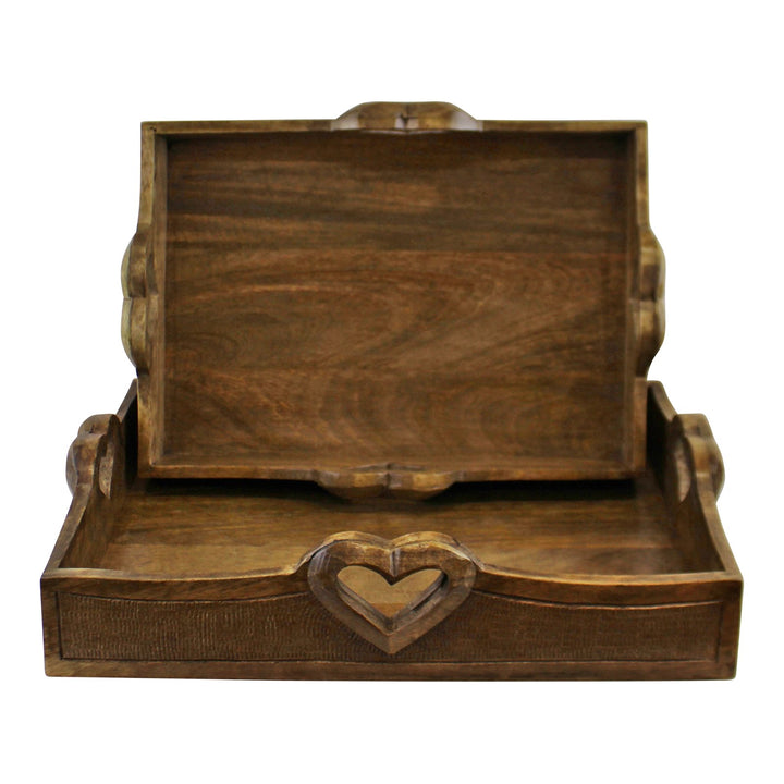 Set Of 2 Mango Wood Heart Detail Serving Trays - Smiddy Furniture-1