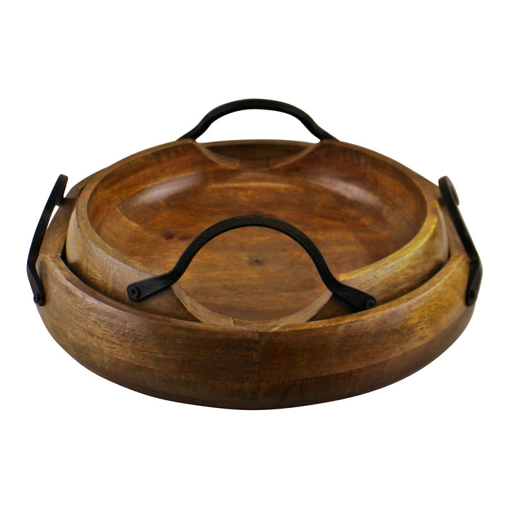 Set Of 2 Mango Wood Bowls With Metal Handles - Smiddy Furniture-1