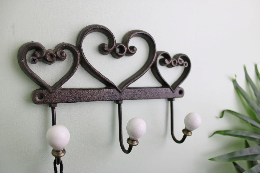 Rustic Cast Iron Wall Hooks, Hearts - Smiddy Furniture-1