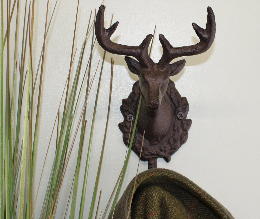 Rustic Cast Iron Wall Hooks, Single Stag Bust - Smiddy Furniture-3