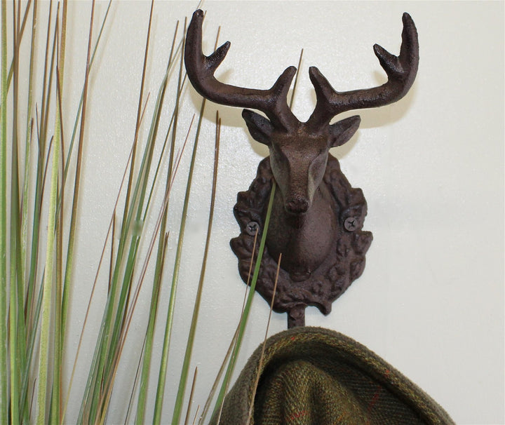 Rustic Cast Iron Wall Hooks, Single Stag Bust - Smiddy Furniture-3