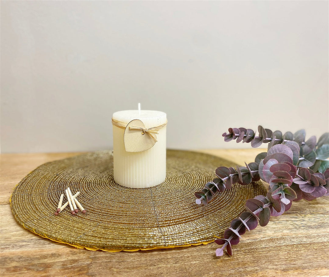 Small Cream Ridged Pillar Candle with Heart Decoration - Smiddy Furniture-2