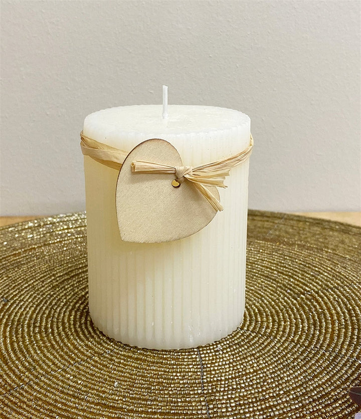 Small Cream Ridged Pillar Candle with Heart Decoration - Smiddy Furniture-3