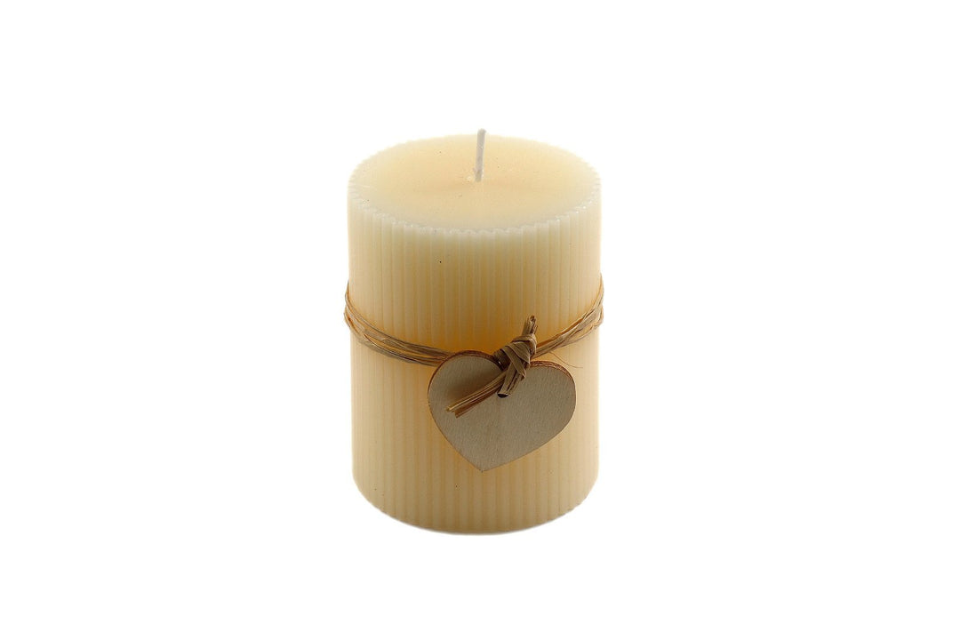 Small Cream Ridged Pillar Candle with Heart Decoration - Smiddy Furniture-1