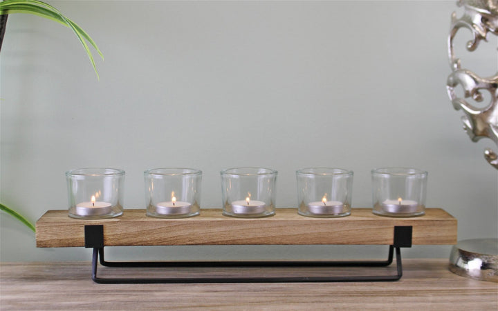 5 Piece Glass, Wood & Metal Tealight Holder - Smiddy Furniture-4
