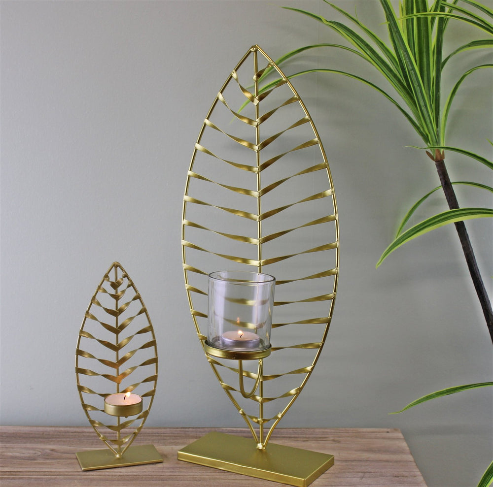 Small Gold Leaf Tea Light Holder with Tea Light - Smiddy Furniture-2