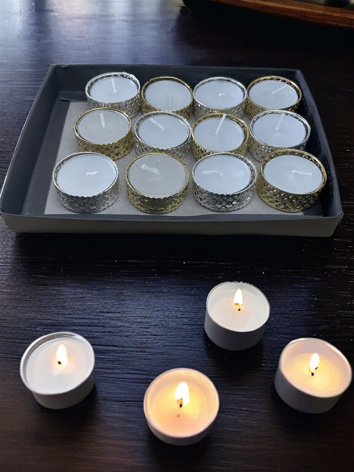 Silver and Gold Heart Pattern Tea Light Candles, Pack of 12 - Smiddy Furniture-4