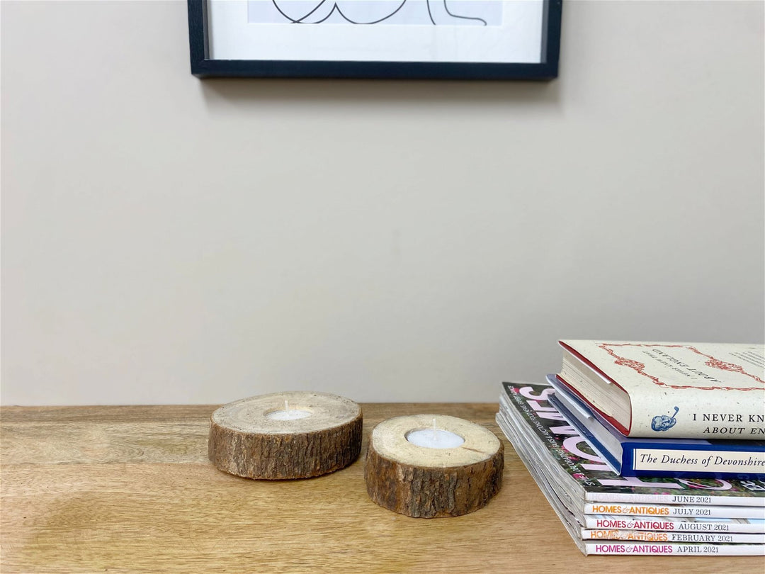 Set of Two Wooden Tealight Holders with Bark Detail - Smiddy Furniture-2