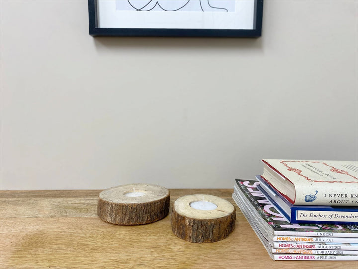 Set of Two Wooden Tealight Holders with Bark Detail - Smiddy Furniture-2