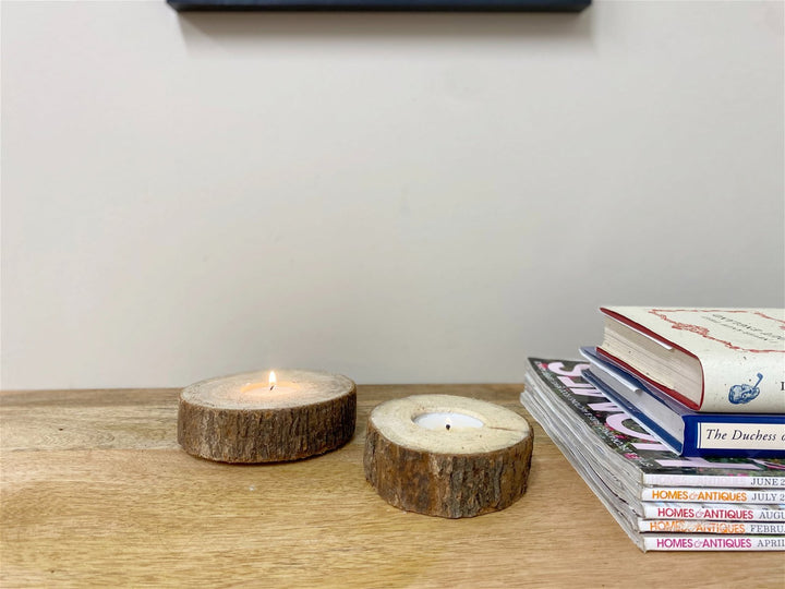 Set of Two Wooden Tealight Holders with Bark Detail - Smiddy Furniture-3