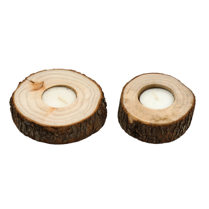 Set of Two Wooden Tealight Holders with Bark Detail - Smiddy Furniture-1