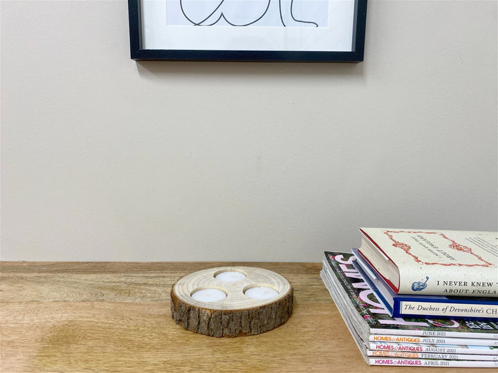 Wooden Triple Tealight Holder with Bark Detail - Smiddy Furniture-2