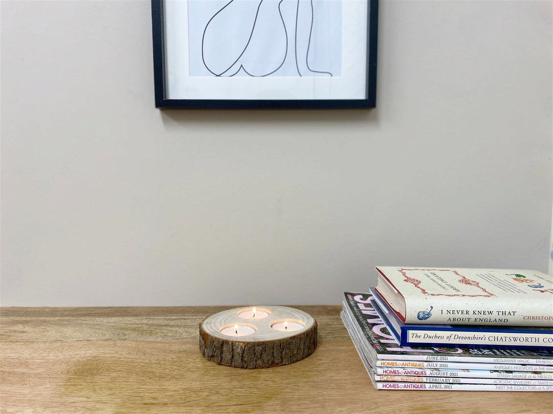 Wooden Triple Tealight Holder with Bark Detail - Smiddy Furniture-3