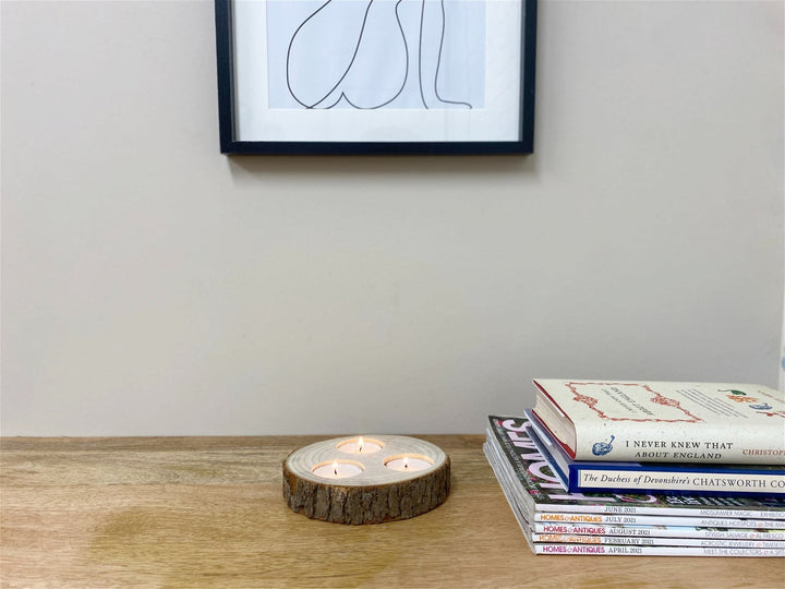 Wooden Triple Tealight Holder with Bark Detail - Smiddy Furniture-3