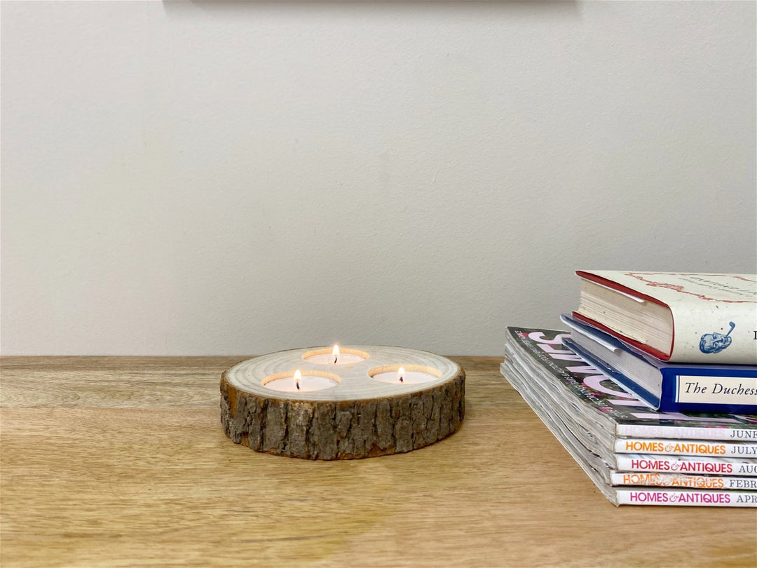 Wooden Triple Tealight Holder with Bark Detail - Smiddy Furniture-4