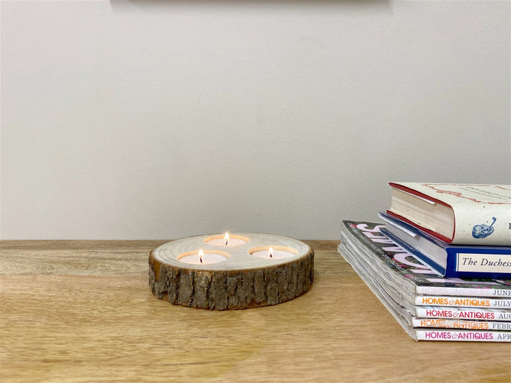Wooden Triple Tealight Holder with Bark Detail - Smiddy Furniture-4
