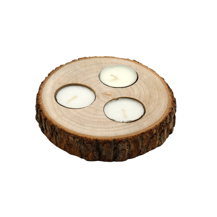 Wooden Triple Tealight Holder with Bark Detail - Smiddy Furniture-1