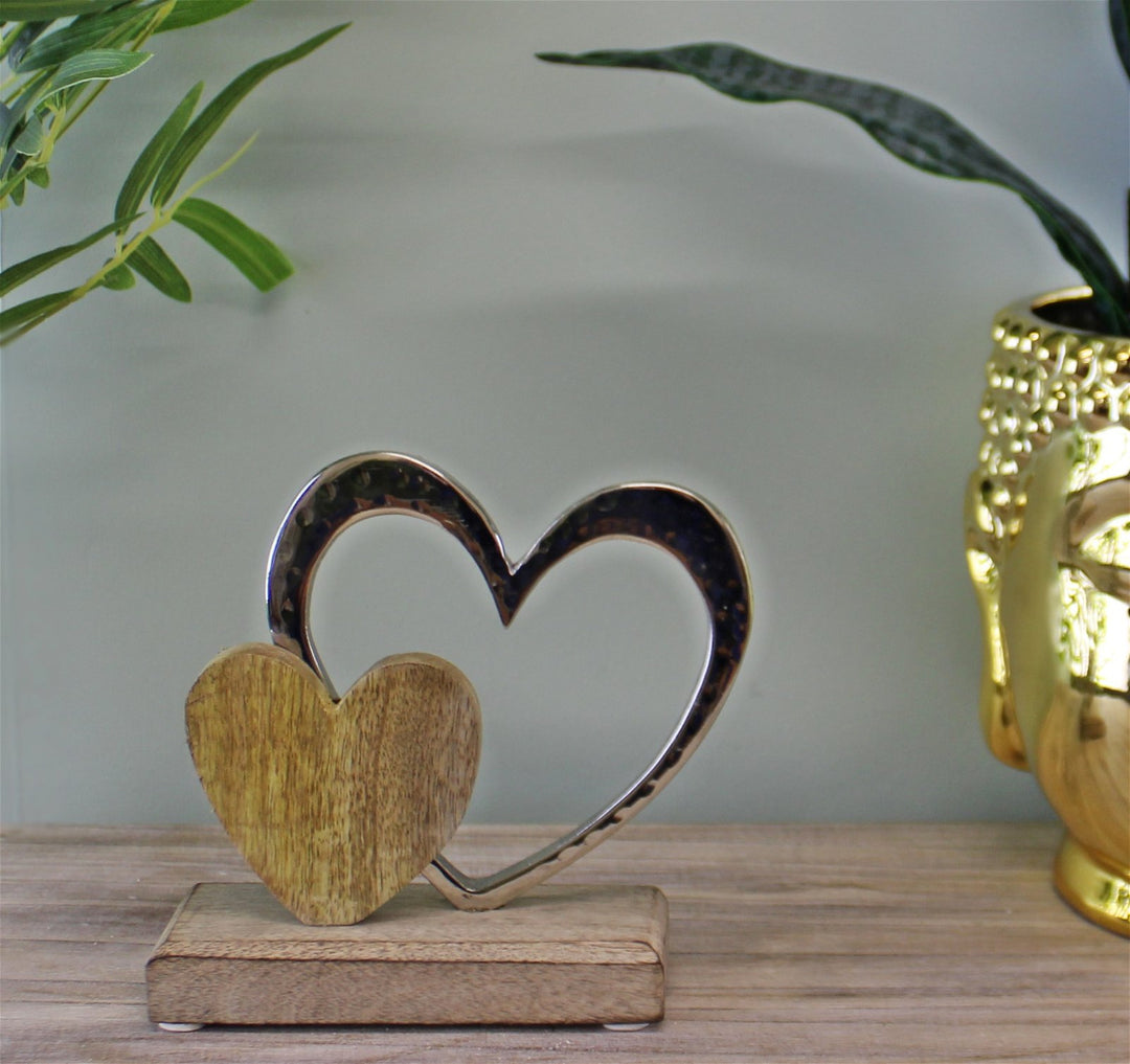 Small Double Heart On Wooden Base Ornament - Smiddy Furniture-3