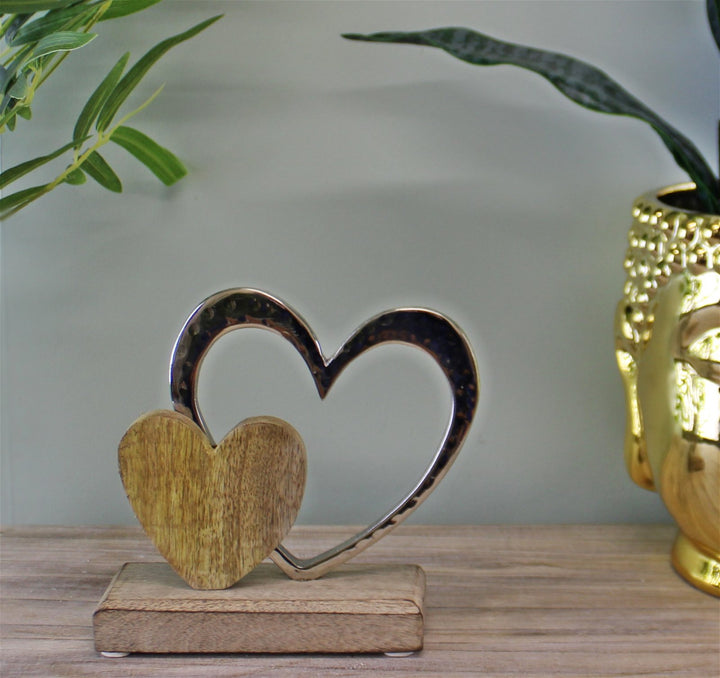 Small Double Heart On Wooden Base Ornament - Smiddy Furniture-3