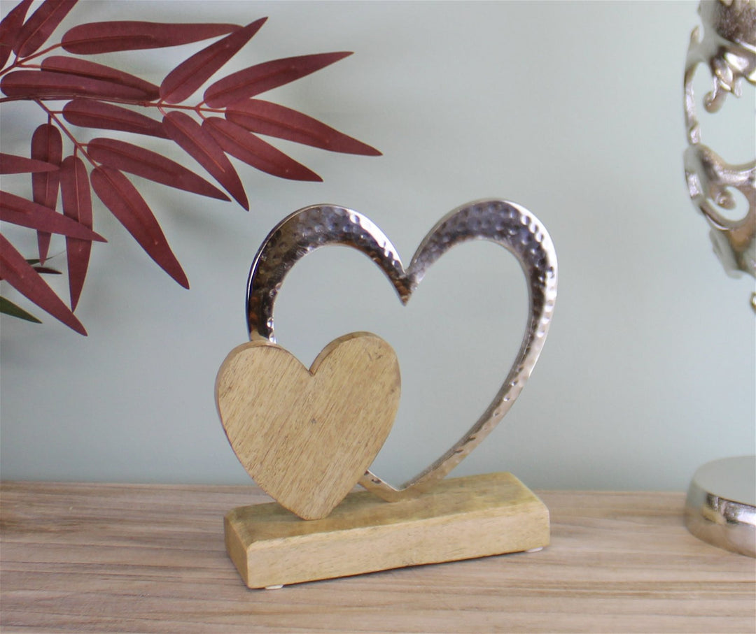 Large Double Heart On Wooden Base Ornament - Smiddy Furniture-3