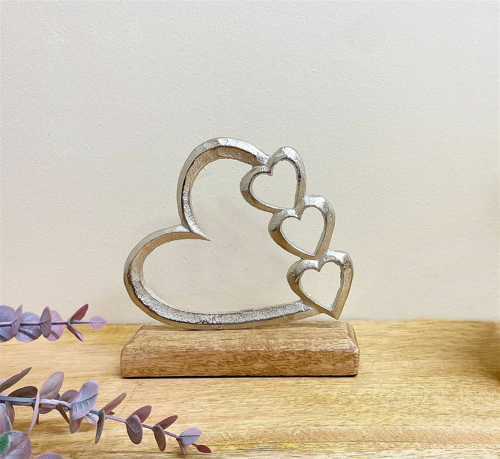 Metal Silver Four Heart Ornament On A Wooden Base Small - Smiddy Furniture-2