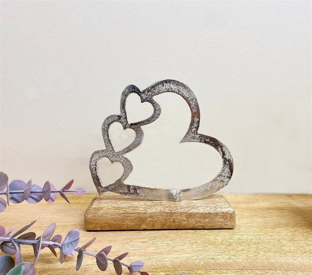 Metal Silver Four Heart Ornament On A Wooden Base Small - Smiddy Furniture-3