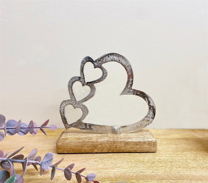 Metal Silver Four Heart Ornament On A Wooden Base Small - Smiddy Furniture-3