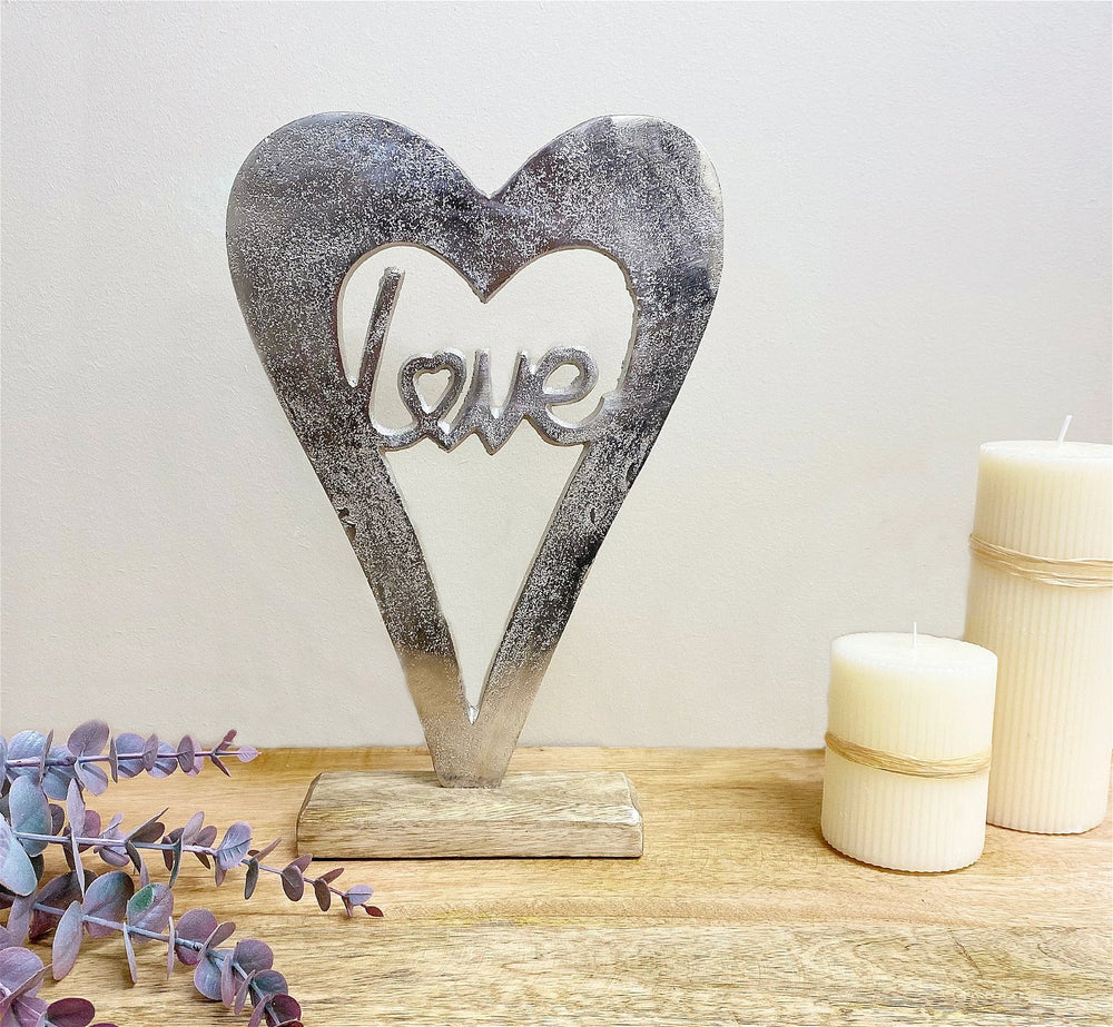 Metal Silver Heart Love On A Wooden Base Large - Smiddy Furniture-2