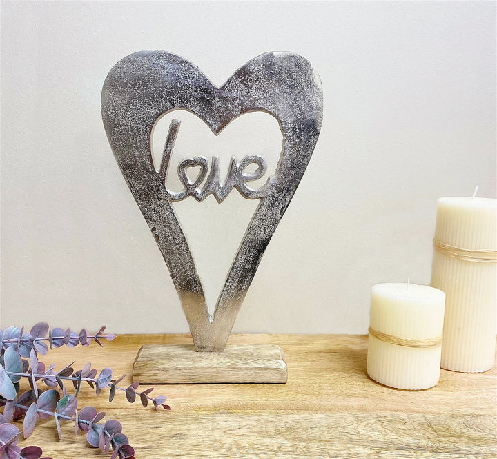 Metal Silver Heart Love On A Wooden Base Large - Smiddy Furniture-2