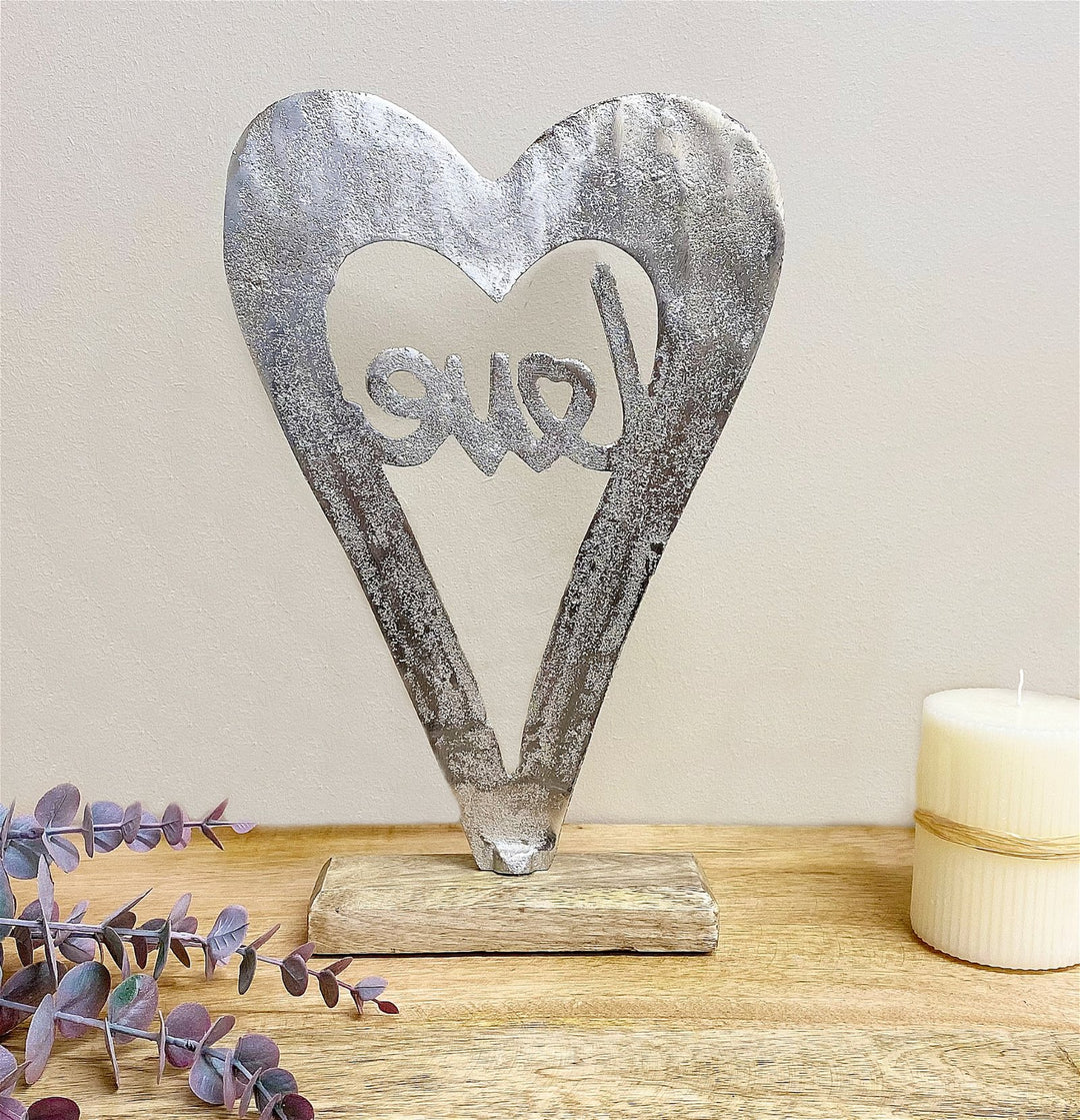 Metal Silver Heart Love On A Wooden Base Large - Smiddy Furniture-3
