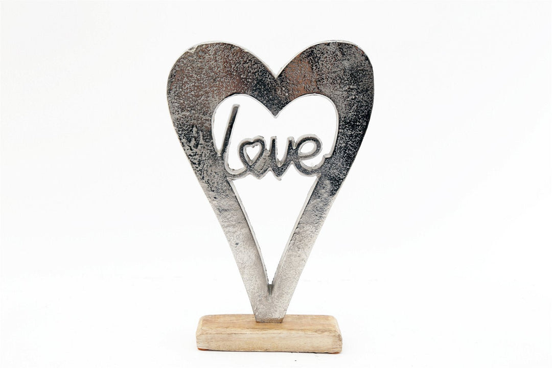 Metal Silver Heart Love On A Wooden Base Large - Smiddy Furniture-1